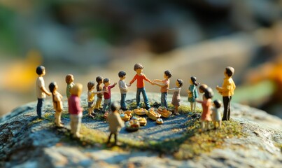 Miniature people gathered around a picnic.