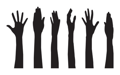 Set of raise hand silhouette icon. hand reaching silhouette, raised hands, unity, crowd, celebration. Hand gestures silhouettes collection. Set of different hand gestures.