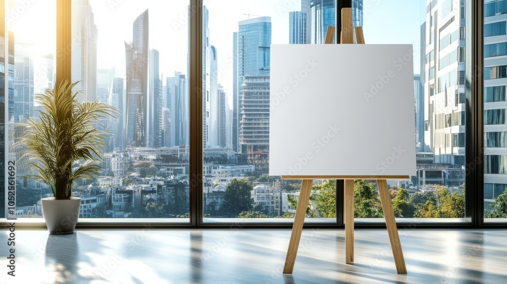 Poster a horizontal large blank canvas mockup on an easel inside a sleek modern building with floor-to-ceil