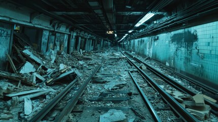 Abandoned Subway Tracks with Debris and Distressed Walls
