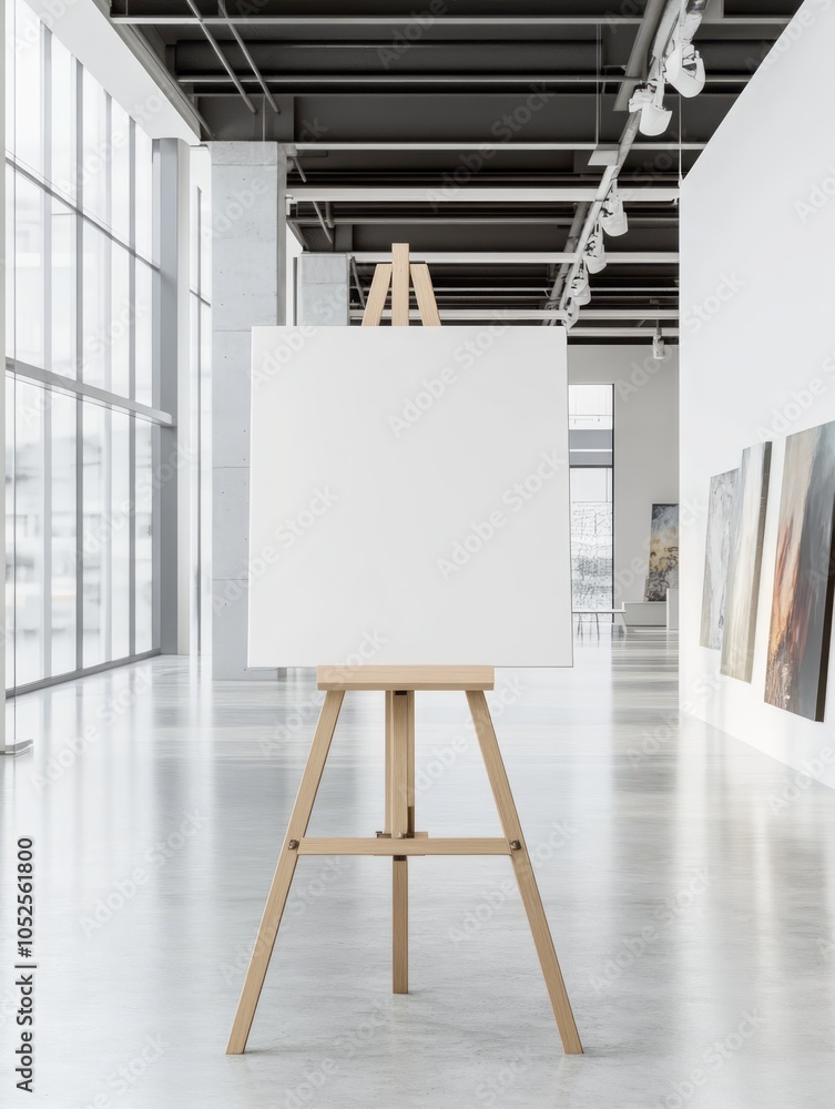 Poster a horizontal large blank canvas mockup on an easel inside a sleek modern art gallery, featuring whit