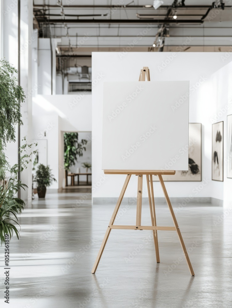 Poster a horizontal large blank canvas mockup on an easel inside a sleek modern art gallery, featuring whit