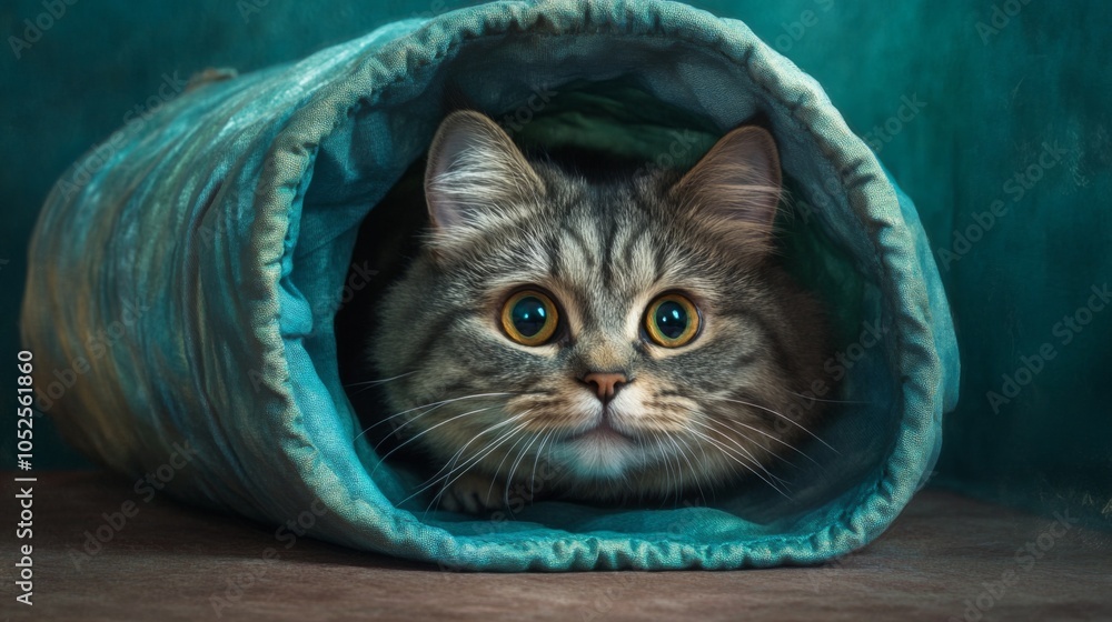 Poster playful cat curiously peeking from a cozy tunnel