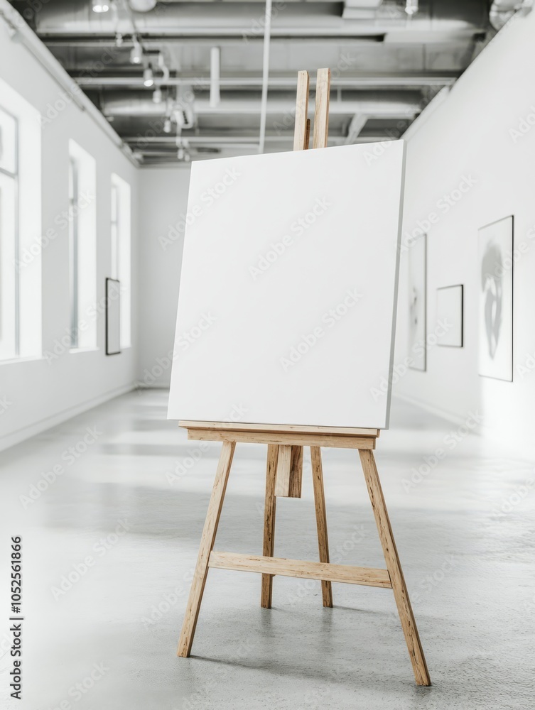 Poster a horizontal large blank canvas mockup on an easel inside a sleek modern art gallery, featuring whit