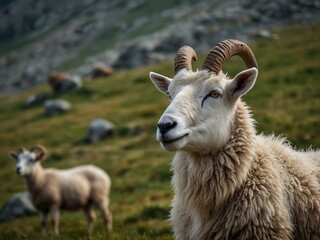 Domestic sheep in European mountains, male goat with curved horns.