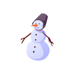 Vector illustration a happy snowman with a bucket on his head and a carrot nose