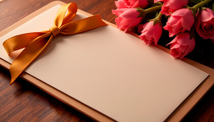 Mock-up gift card with orange ribbon and pink roses on wooden table for Women&rsquo;s Day
