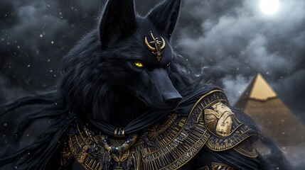 Obraz premium A black wolf with glowing eyes, wearing a golden collar and armor, stands before a pyramid.