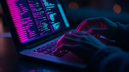 Fototapeta premium A programmer typing code on a laptop illuminated by vibrant neon lights in a dimly lit room