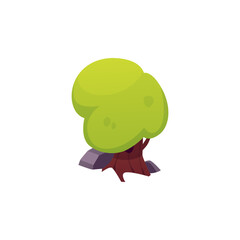 Green tree with stones vector icon, cartoon forest tree plant with leaves, ECO sign, garden summer nature game props