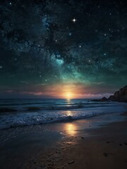 Fantasy illustration of an ethereal seashore under a starry sky.