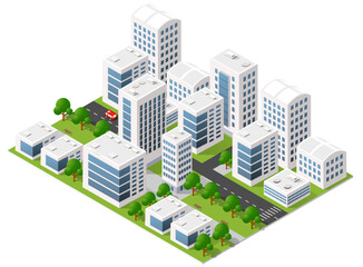 Modern city with skyscrapers, office buildings, streets, trees, and green parks in an isometric view