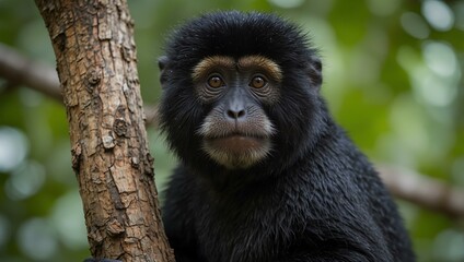 Naklejka premium Female saki monkey perched on a tree, looking at the camera.