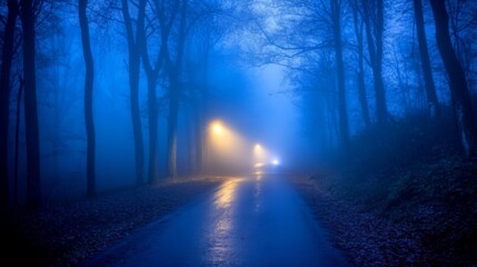 Obraz premium A Mystical Forest Path Lit by Streetlights in the Fog