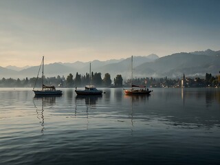 Fototapeta premium Foggy landscape with boats on Lake Maggiore.