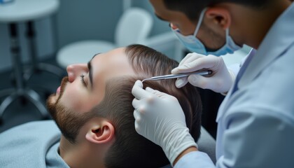Fototapeta premium Hair transplant procedure on man’s scalp in clinic 