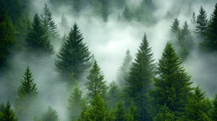 Fototapeta premium Misty Forest with Tall Evergreen Trees