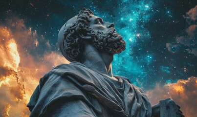 A stone statue gazing at a starry sky.