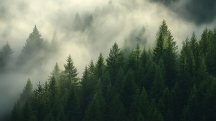Fototapeta premium Misty Evergreen Forest With Sunlight Filtering Through the Fog