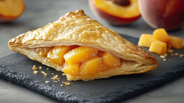 Peach and ginger turnover, isolated on a gray stone plate, garnished with fresh peach slices and a touch of candied ginger - Powered by Adobe