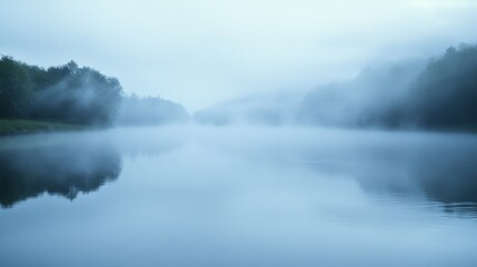Misty Morning Over a Still Lake With Foggy Trees