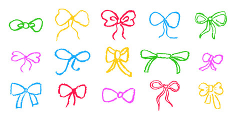 Set of bows drawn with pastel or charcoal pencil. Colorful chalk bow gift ribbon line simple element on white chalkboard background. Like kids drawn bows drawing collection. Vector illustration.