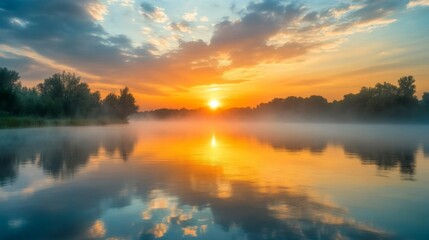 Obraz premium A Misty Sunrise Over a Tranquil Lake with Silhouetted Trees
