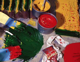 Still life printers ink in bold primary colours