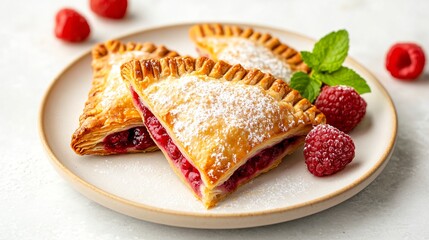 Raspberry turnover with a sugar-dusted crust, isolated on a light ceramic plate, with fresh raspberries and a touch of mint