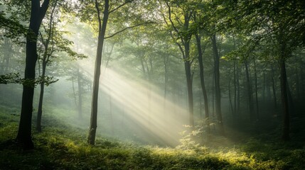 Sunbeams Illuminating a Foggy Forest