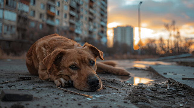 A stray dog is lying on the road in the mud and very sad. Rain
