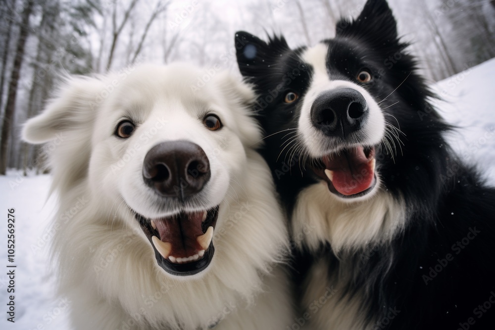 Wall mural two joyful dogs enjoying a snowy day together