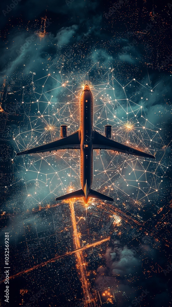 Canvas Prints an airplane flies across a luminous ground displaying a digital web, representing themes of advanced