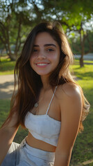 A woman with long brown hair is sitting on a bench in a park. She is smiling and wearing a white tank top