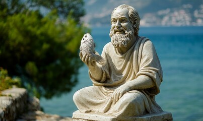 Obraz premium Stone sculpture of a man holding a fish.