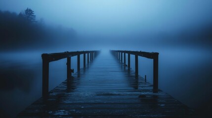 Obraz premium Wooden Pier Extending into Foggy Lake at Dusk