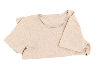 Beige cotton t-shirt folded in half on white background isolated