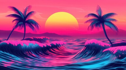 Sunset Palm Trees and Neon Ocean Waves