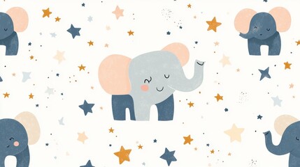 Elephant and stars, cute baby shower card, pastel colors, soft and cozy nursery print, vector illustration