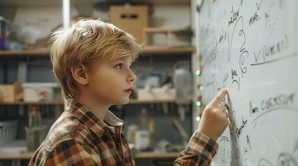 Young Boy Engaged in Solving Math Problems on Whiteboard