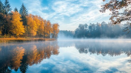 Fototapeta premium Autumnal Trees Reflected in Foggy Lake
