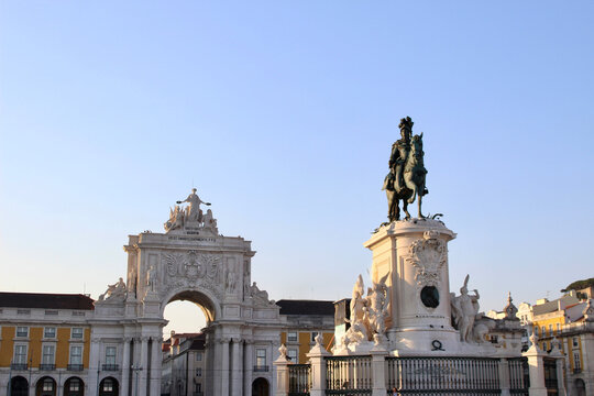 Lisbon, Portugal - August 14 2016: Statue of King José I and Rua Augusta Arch at Praça do Comércio, Lisbon – Iconic Landmarks of Portugal's Capital