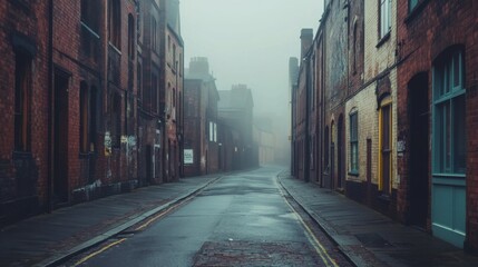 Fototapeta premium Foggy Alleyway with Brick Buildings and Yellow Lane Marking