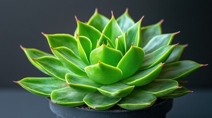 A close-up of a green succulent with red tips in a black pot against a gray background.