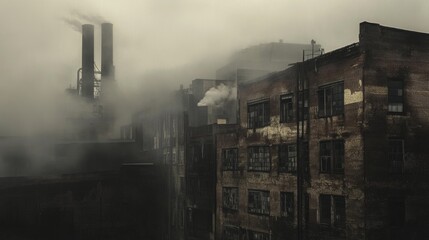 Obraz premium Foggy Industrial Building with Chimneys and Windows