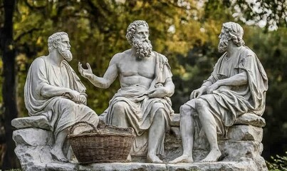 Fototapeta premium Three stone statues of men conversing.