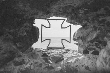 Iron Cross Window in Ancient Rock Formation, Funchal Madeira - Analog Black and White Photography