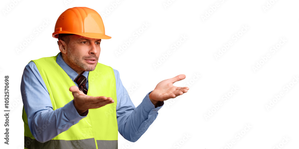 Fototapete Building Problem Concept. Discontented Construction Worker Builder Gesturing Emotionally Aside At Empty Space For Text Posing Over White Studio Background, Panorama