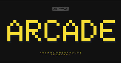 Pixelated 8-bit alphabet, retro video game style letters, nostalgic digital font, classic arcade typography, bold blocky lettering, Y2K gaming alphabet, stylized for tech branding. Vector typeset.