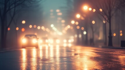 Wet Asphalt Street with Blurry City Lights and Fog